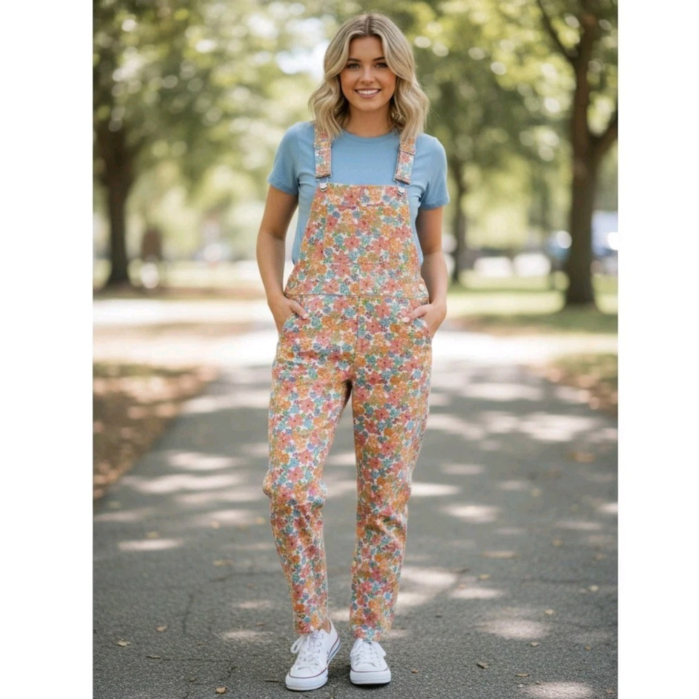 NEW Storia Womens Cotton Floral Flower Straight Leg Overalls Medium